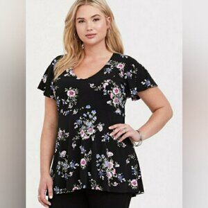 Torrid black floral knit top short sleeve V-neck size 1X M40